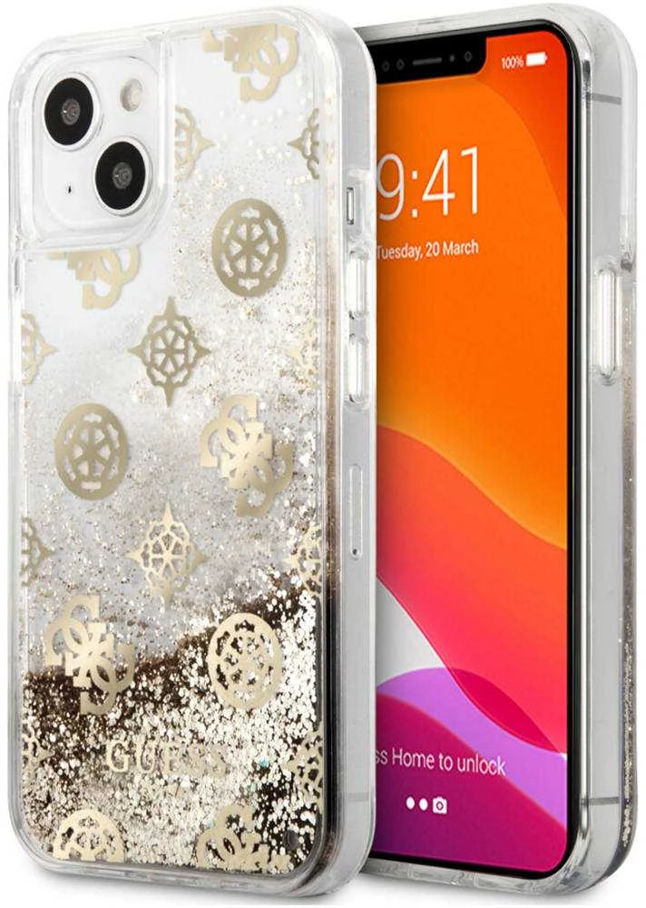 Guess GUHCP13SLGPEGO Apple iPhone 13 mini 5,4″ auksinis kietas dėklas Peony Liquid Glitter