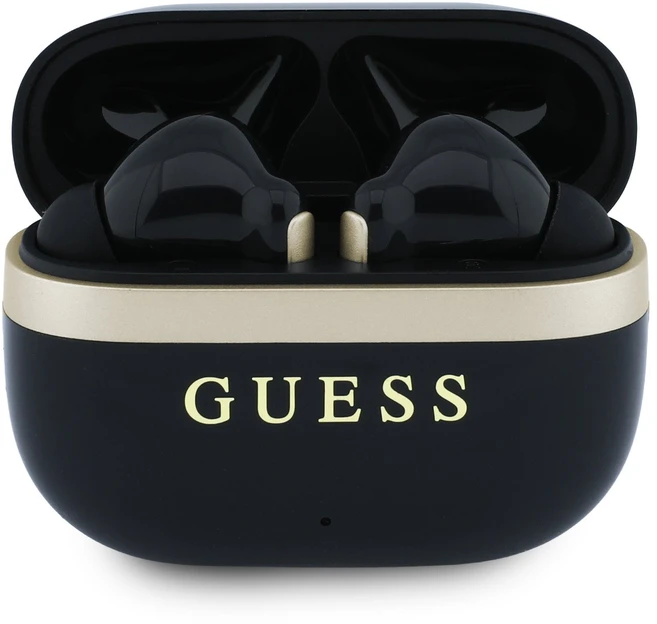 Guess Auksinė Line blizgaus paviršiaus TWS belaidės ausinės, juodos