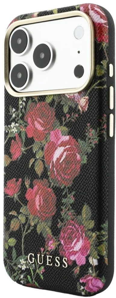 Guess Blossom Roses raštuotas MagSafe dėklas, skirtas iPhone 18 Pro Max / 17 Pro Max, juodas