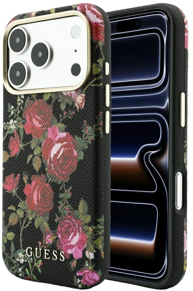 Guess Blossom Roses raštuotas MagSafe dėklas, skirtas iPhone 18 Pro / 17 Pro, juodas