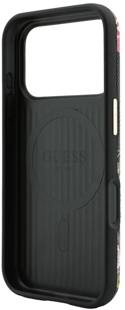 Guess Blossom Roses raštuotas MagSafe dėklas, skirtas iPhone 18 Pro Max / 17 Pro Max, juodas