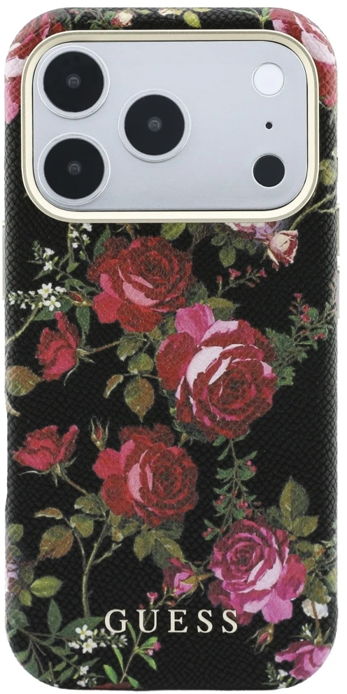 Guess Blossom Roses raštuotas MagSafe dėklas, skirtas iPhone 18 Pro Max / 17 Pro Max, juodas