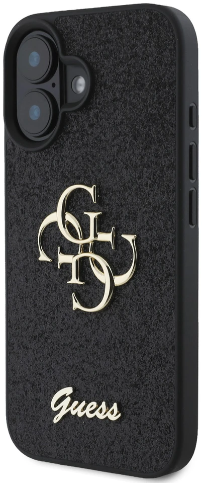 Guess PU Fixed Glitter 4G Metal Logo dėklas skirtas Apple iPhone 16 juodos spalvos