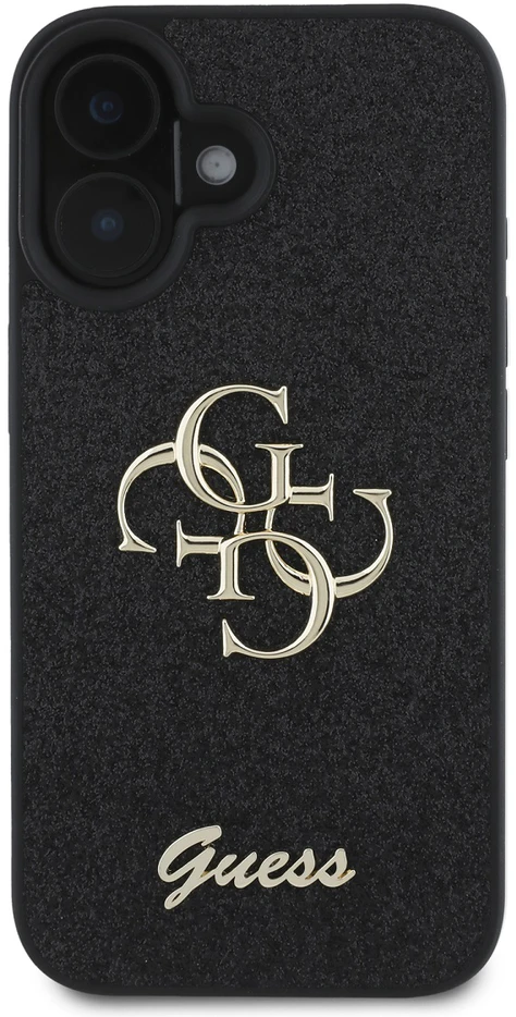 Guess PU Fixed Glitter 4G Metal Logo dėklas skirtas Apple iPhone 16 juodos spalvos