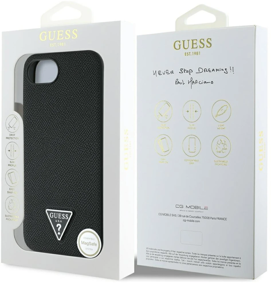 Guess Grained Triangle MagSafe dėklas iPhone 16e - juodas