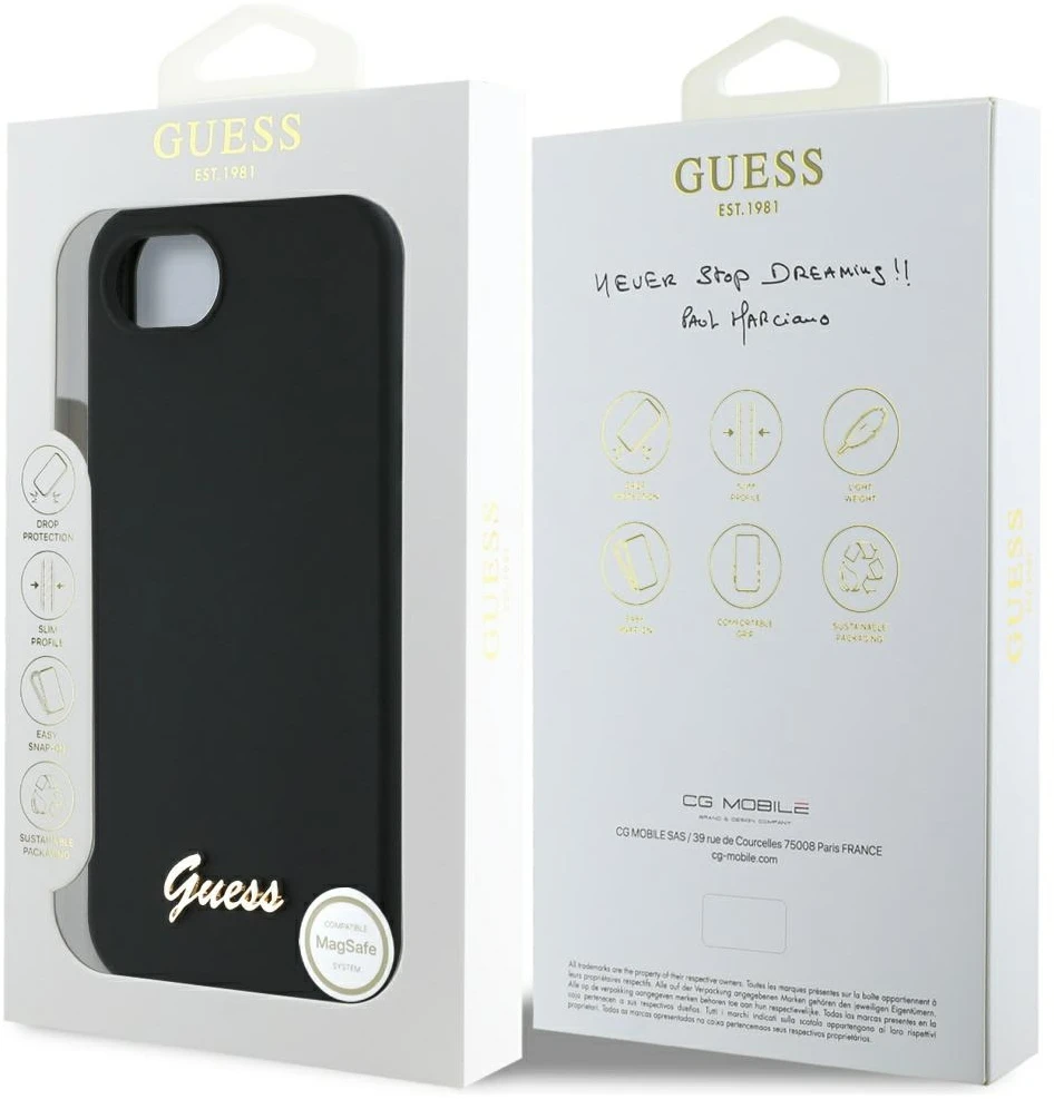Dėklas Guess Silicone Script Metal Logo MagSafe iPhone 16e Case - Juodas