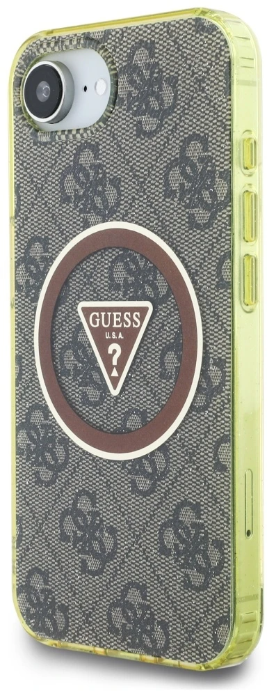 „Guess IML Metal Glitter 4G Circle Triangle MagSafe“ dėklas, skirtas iPhone 16e - ruda