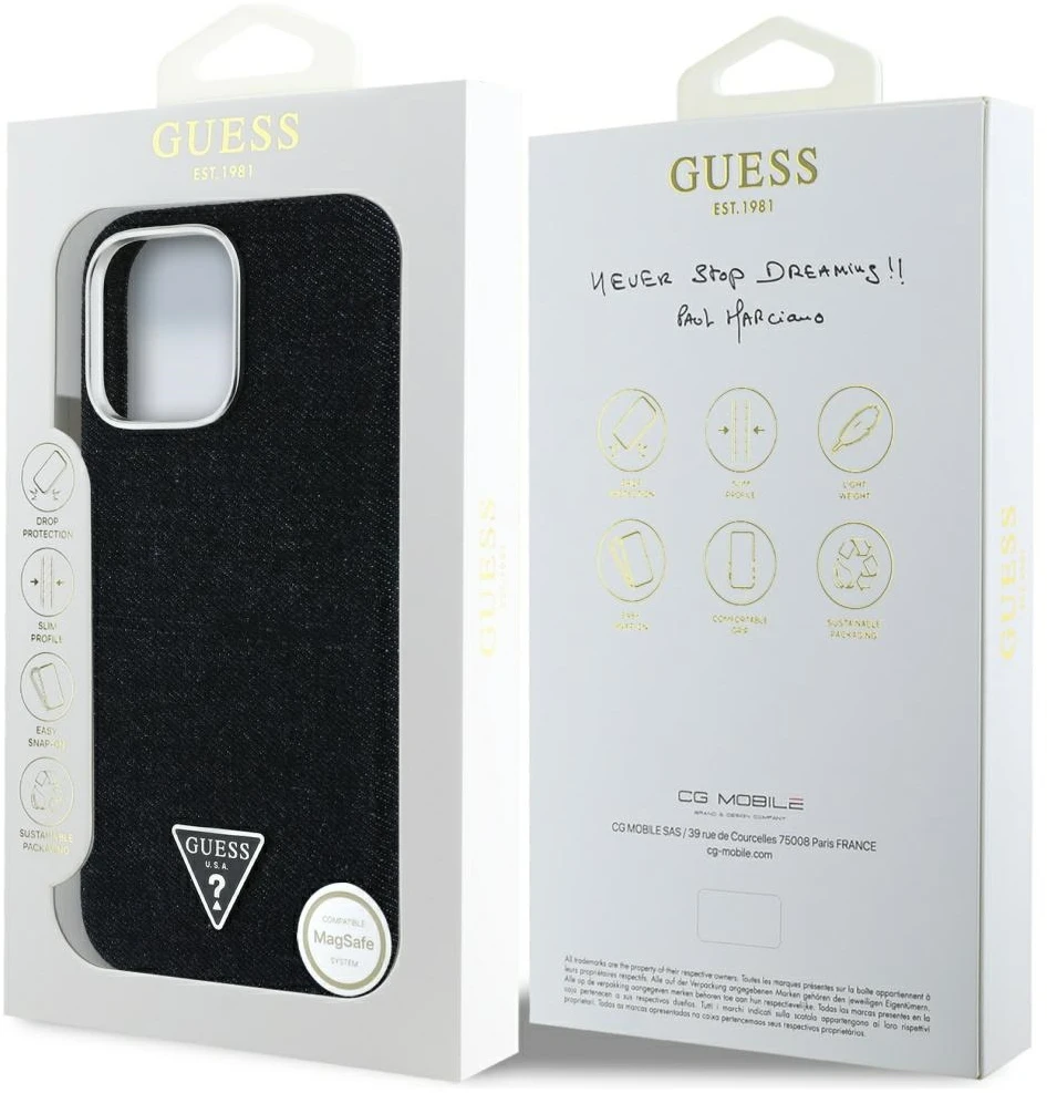 Dėklas Guess Denim Triangle Logo MagSafe Apple iPhone 16 Pro juodos spalvos