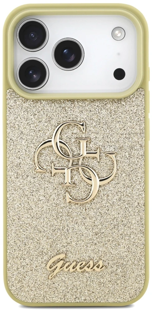 Guess Fixed Glitter Big 4G dėklas skirtas Apple iPhone 17 Pro auksinis