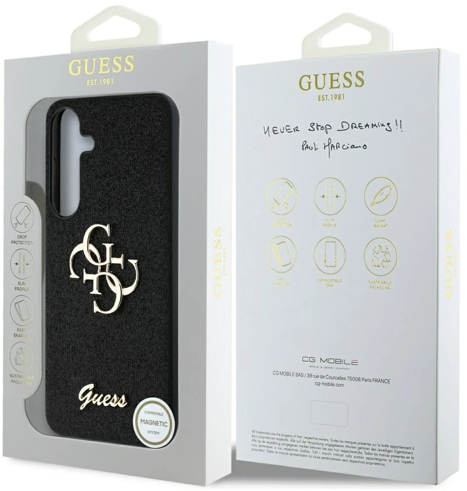 Dėklas Guess Fixed Glitter Big 4G Metal Logo to Samsung Galaxy S25+ juodos spalvos