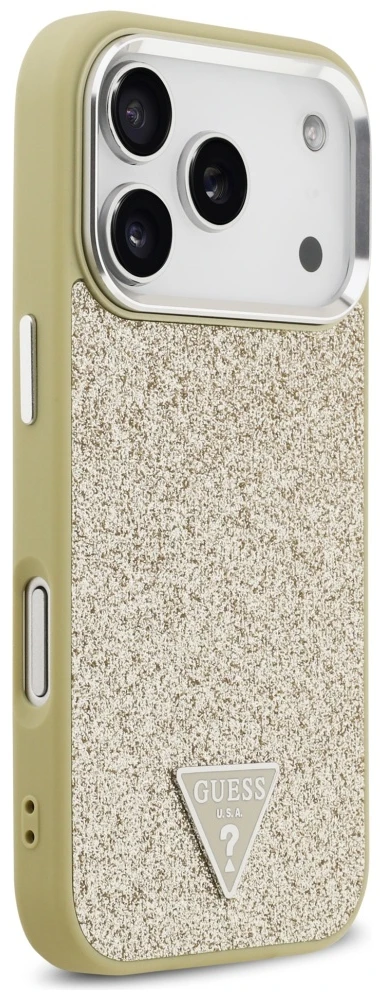 Dėklas „Guess“ blizgantis trikampio formos logotipas su „MagSafe“ dėklu, skirtu „iPhone 17 Pro“ – auksinis