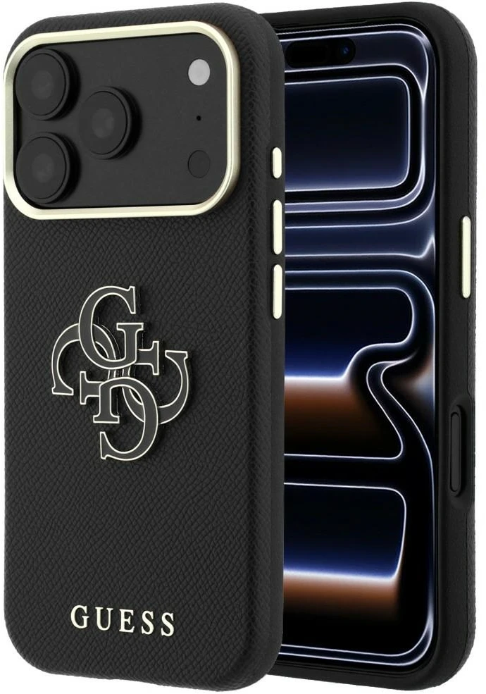 Guess Grained &amp; Big Resin Logo dėklas, skirtas iPhone 18 Pro / 17 Pro – juodas