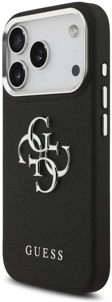 Guess PU Grained 4G Metal Logo dėklas skirtas iPhone 17 Pro juodos spalvos
