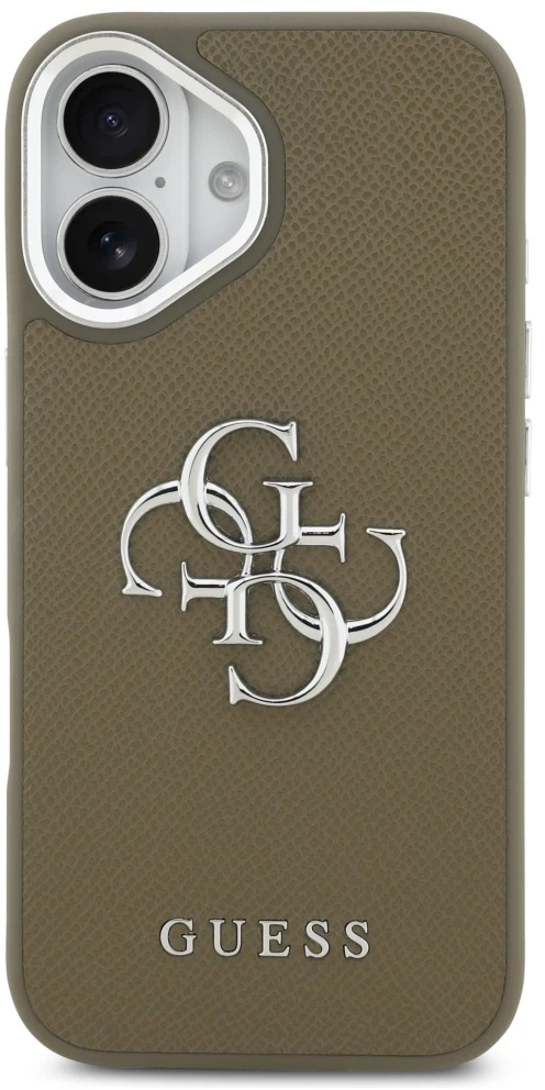 Guess Grūdėtos odos didelis 4G klasikinis logotipo dėklas iPhone 17 Pro Brown