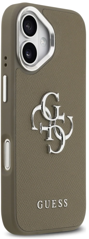 Guess Grūdėtos odos didelis 4G klasikinis logotipo dėklas iPhone 17 Pro Brown