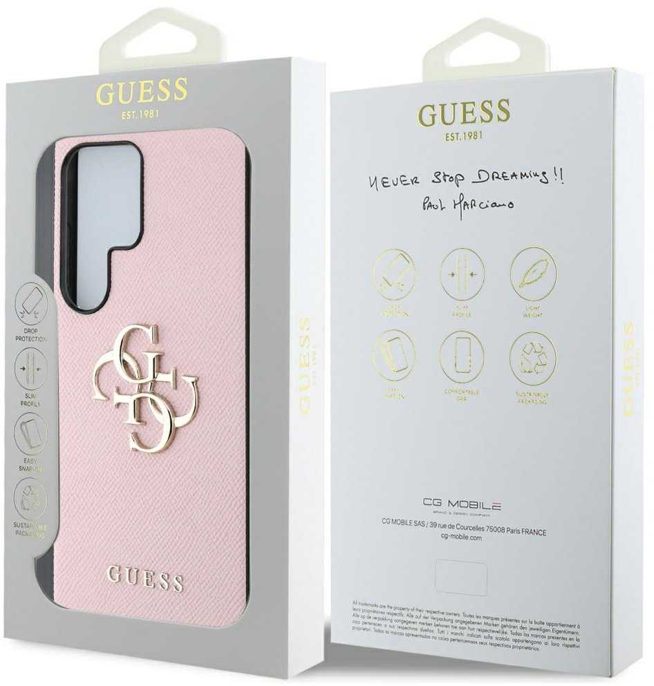 „Guess Grained Big 4G Logo Small Classic Logo“ – dėklas, skirtas „Samsung Galaxy S25 Ultra“, rausvas