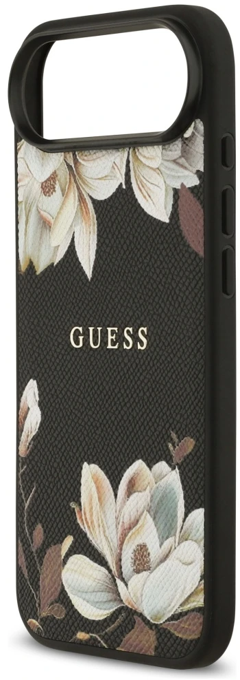 Guess Grained Flowers Classic Logo MagSafe dėklas Apple iPhone Air juodos spalvos