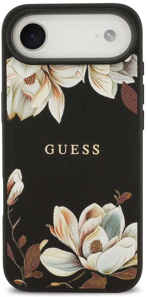 Guess Grained Flowers Classic Logo MagSafe dėklas Apple iPhone Air juodos spalvos