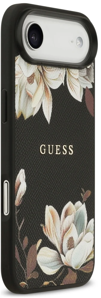Guess Grained Flowers Classic Logo MagSafe dėklas Apple iPhone Air juodos spalvos