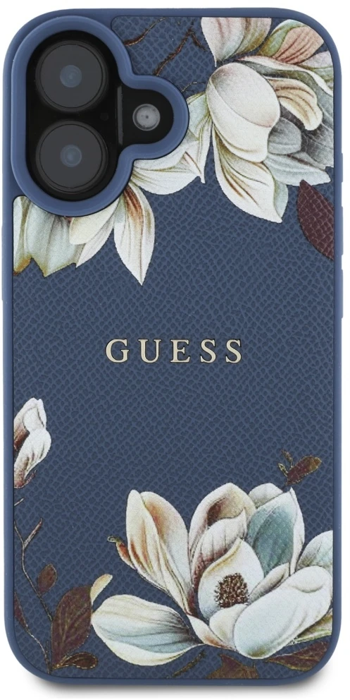 Dėklas Guess Grained Printed Flower Pattern MagSafe Apple iPhone 16 mėlynas