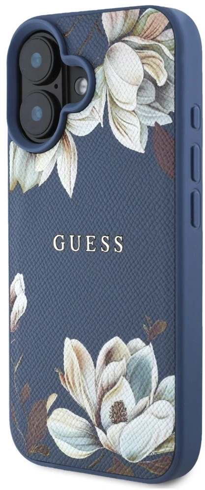 Dėklas Guess Grained Printed Flower Pattern MagSafe Apple iPhone 16 mėlynas