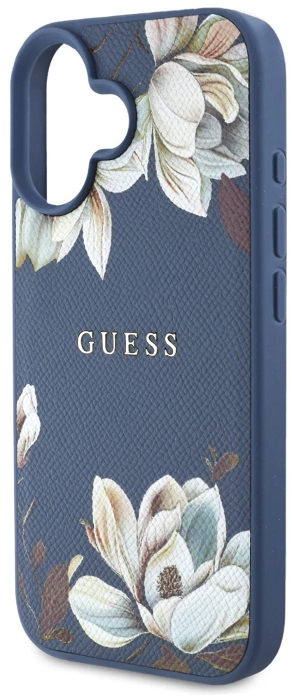 Dėklas Guess Grained Printed Flower Pattern MagSafe Apple iPhone 16 mėlynas