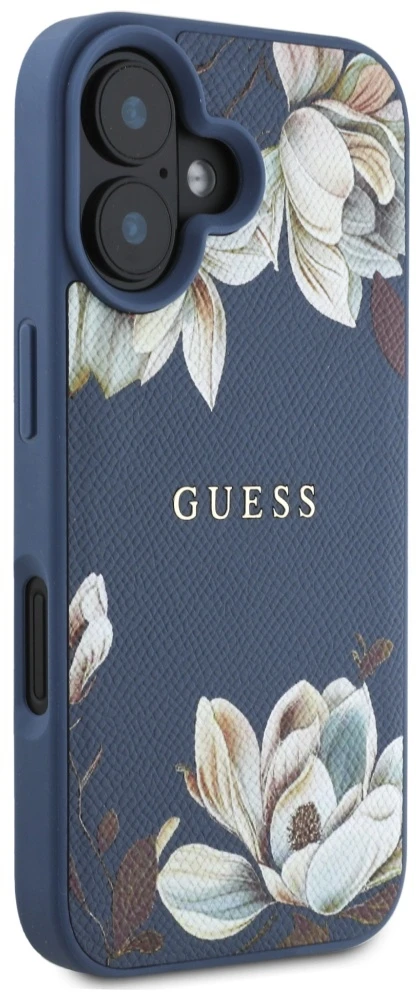Dėklas Guess Grained Printed Flower Pattern MagSafe Apple iPhone 16 mėlynas