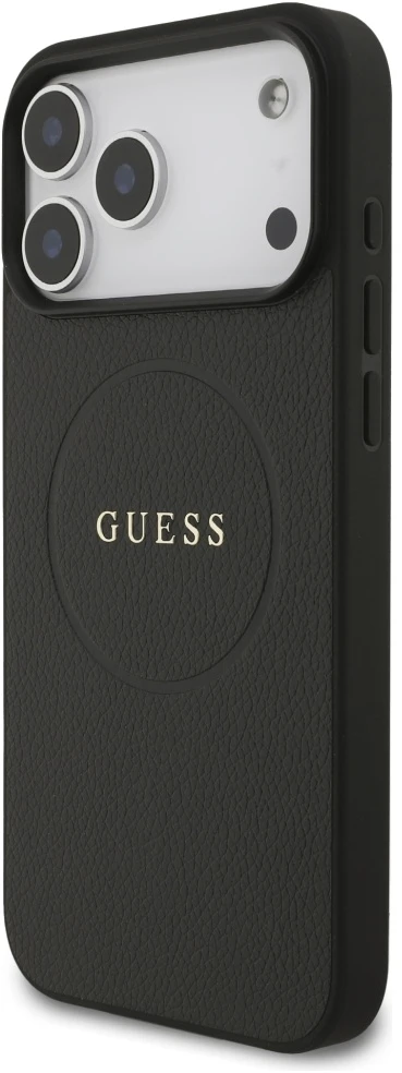 Guess Grained Ring MagSafe dėklas Apple iPhone 17 Pro Max juodos spalvos