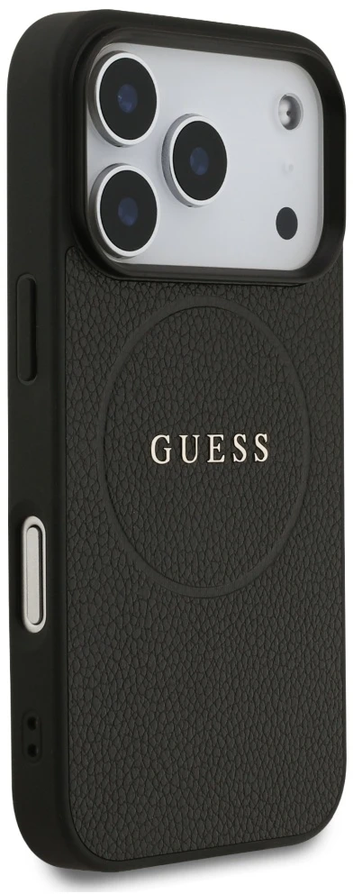 Guess Grained Ring MagSafe dėklas Apple iPhone 17 Pro juodos spalvos
