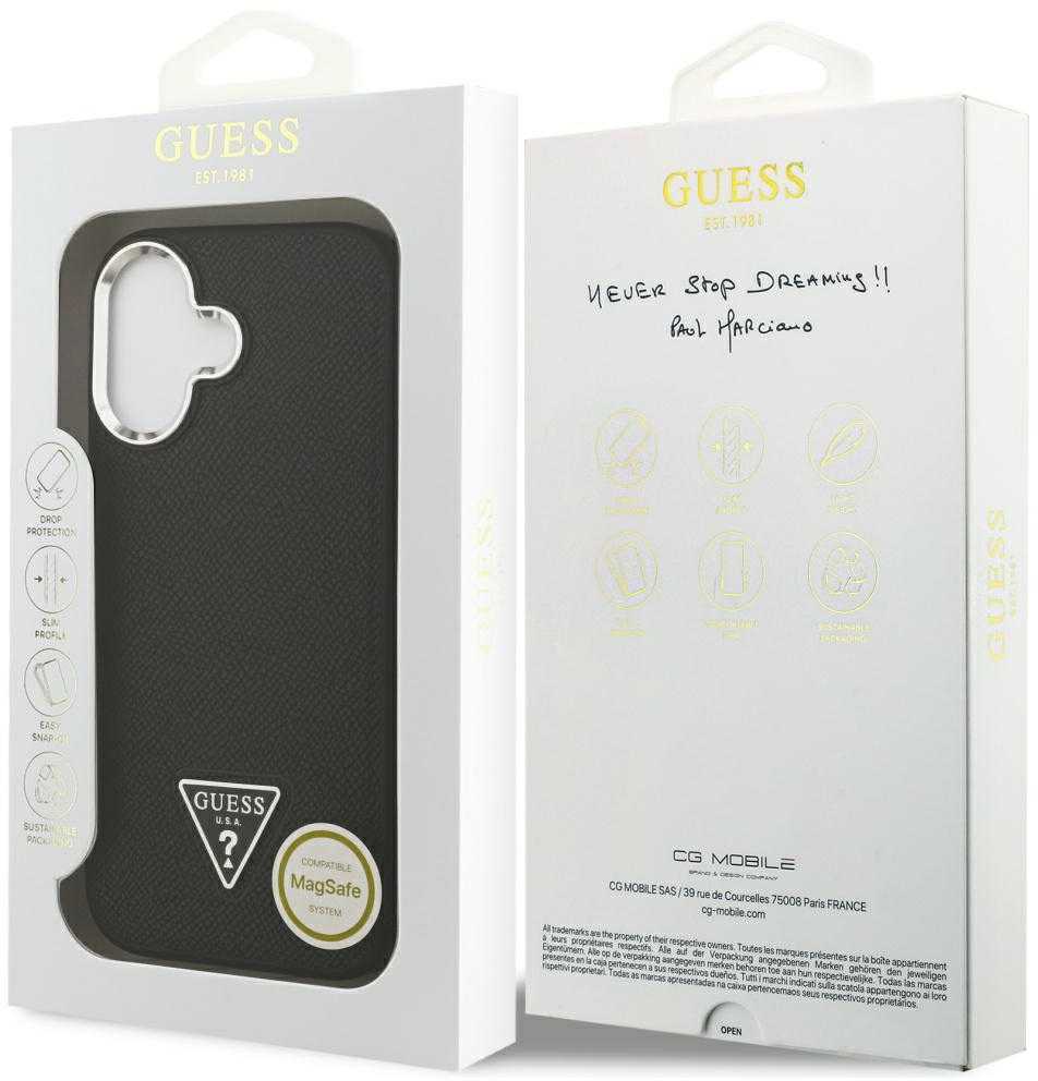 Guess Grained Triangle Logo MagSafe dėklas skirtas Apple iPhone 17 juodos spalvos