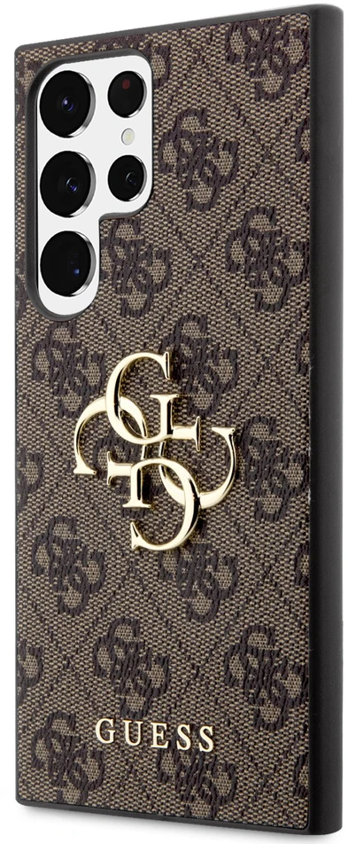 Guess PU 4G Metal Logo dėklas skirtas Samsung Galaxy S23 Ultra rudos spalvos