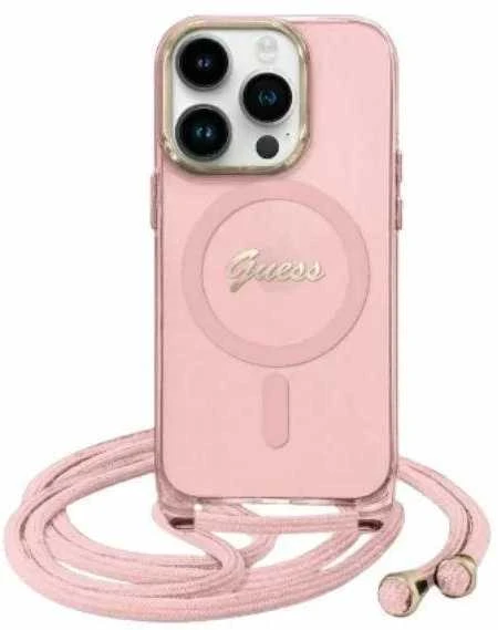 Guess GUHMP16SHCTSGNSP Apple iPhone 16 6.1″ rožinės spalvos kietas dėklas Crossbody Cord Script MagSafe
