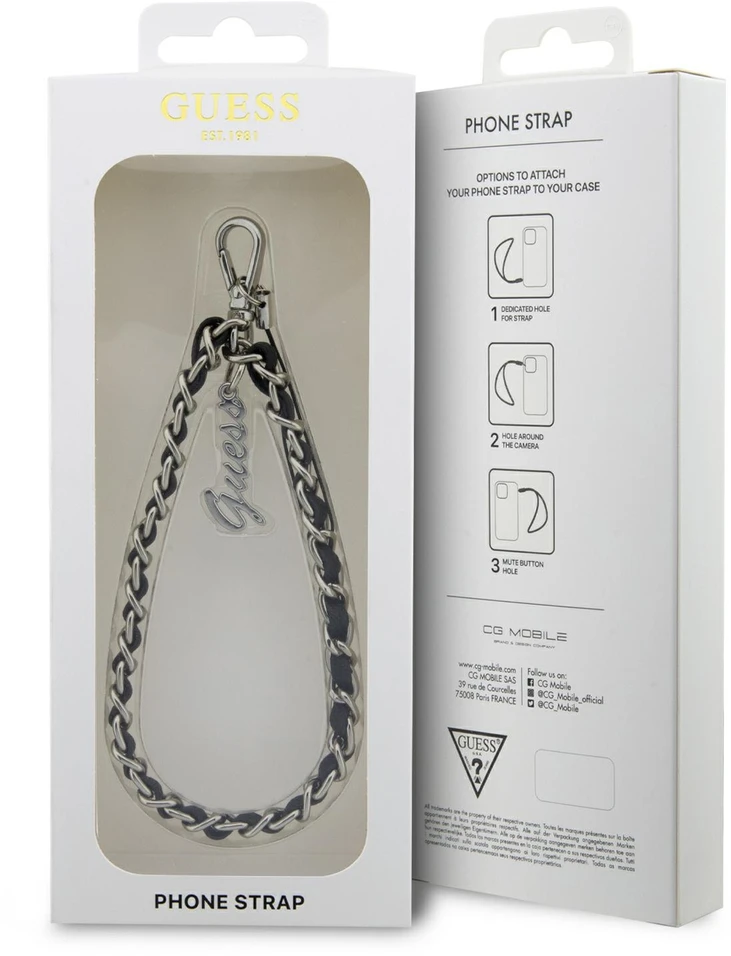 Guess GUSTSASSK telefono virvelė, juodos spalvos, Chain Metal Logo Charm