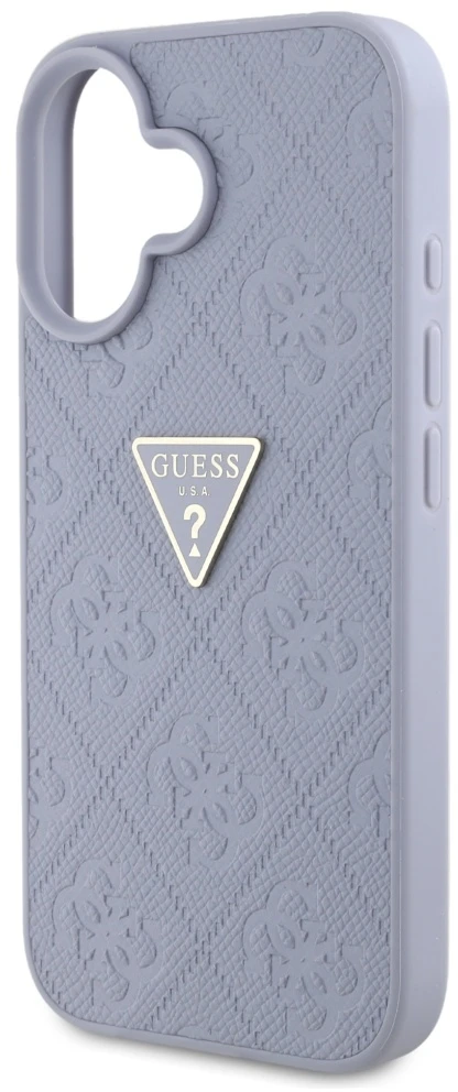Dėklas Guess Hot Stamp 4G Pattern Triangle Metal Logo iPhone 16 violetinės spalvos
