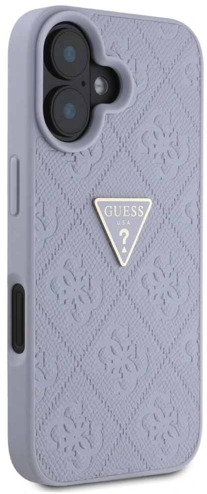 Dėklas Guess Hot Stamp 4G Pattern Triangle Metal Logo iPhone 16 violetinės spalvos