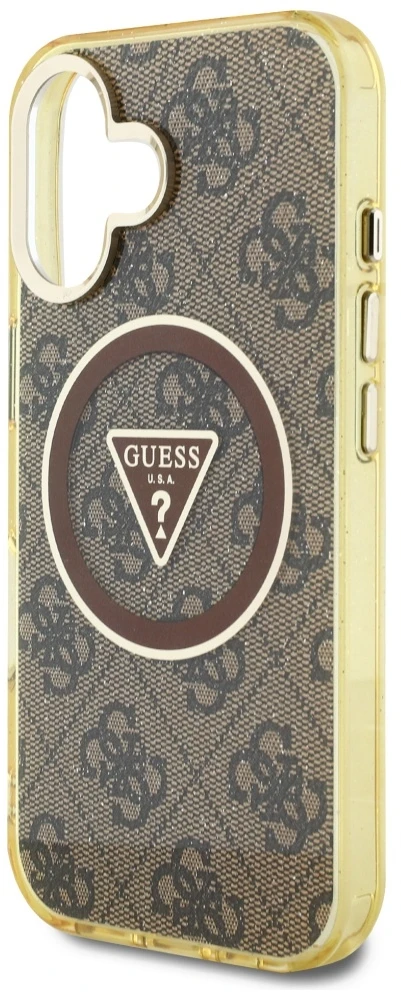 Dėklas Guess IML Metal Glitter 4G Circle Triangle MagSafe Apple iPhone 16 rudos spalvos