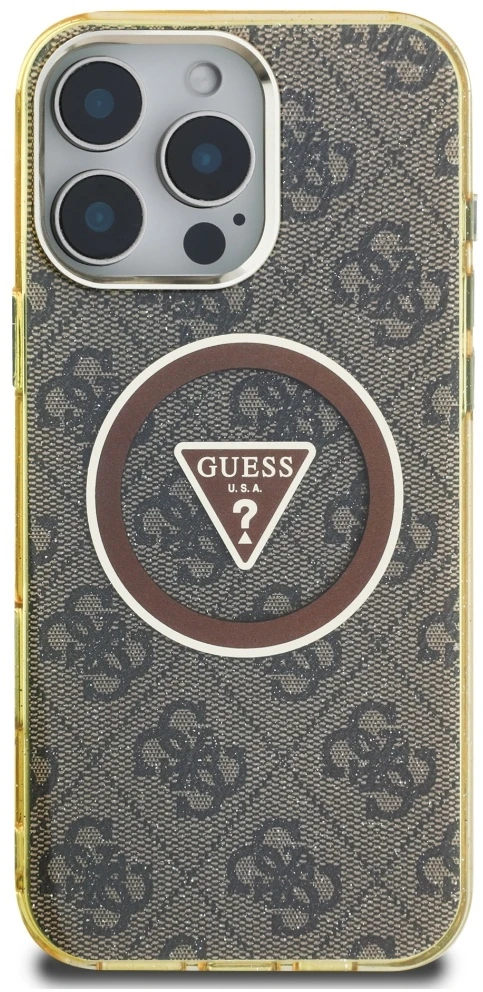 Dėklas Guess IML Metal Glitter 4G Circle Triangle MagSafe Apple iPhone 16 Pro Max rudos spalvos