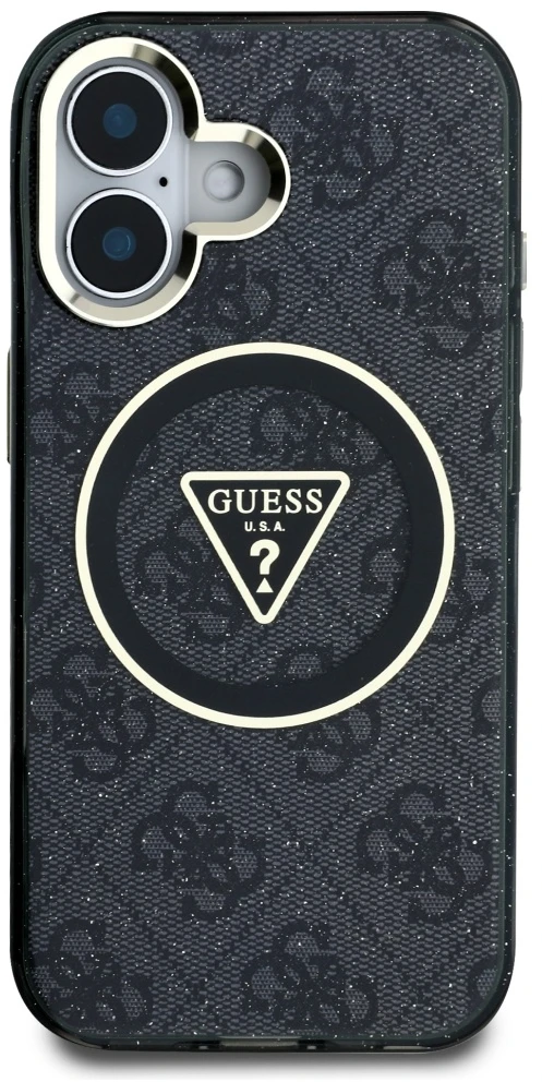 Dėklas Guess IML Metal Glitter 4G Circle Triangle MagSafe iPhone 16 juodos spalvos