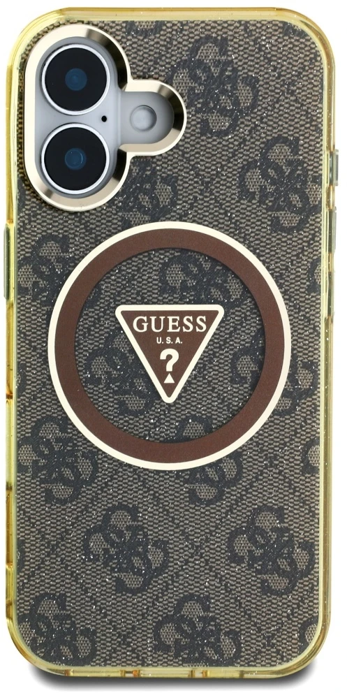 Dėklas Guess IML Metal Glitter 4G Circle Triangle MagSafe Apple iPhone 16 rudos spalvos