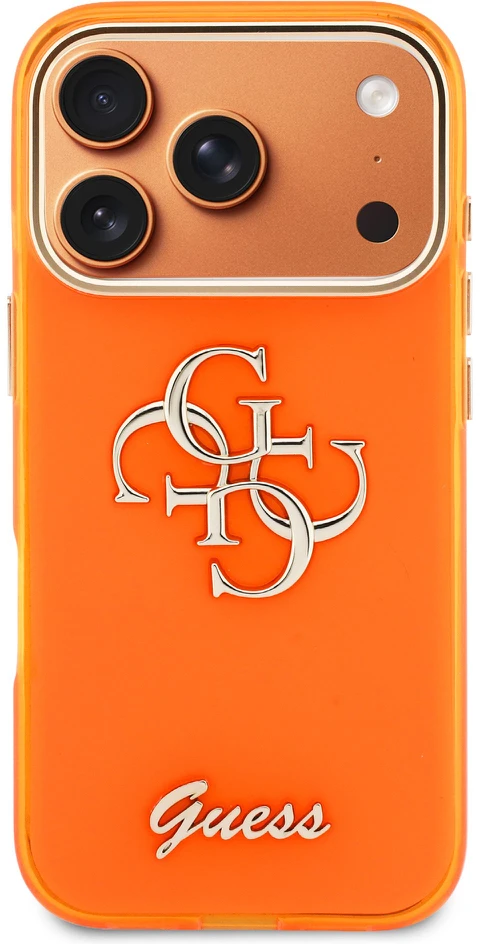 Guess IML 4G Script Metal Logo dėklas skirtas Apple iPhone 17 Pro Oranžinis