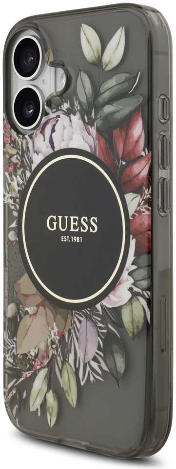 Guess IML Flowers Strap MagSafe dėklas skirtas Apple iPhone 17 juodos spalvos