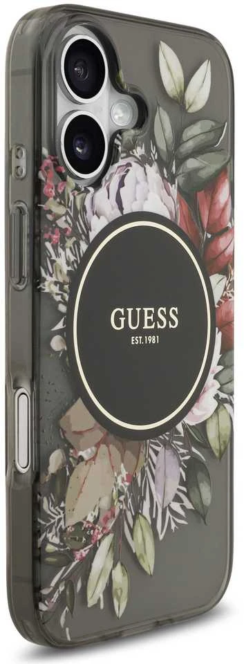 Guess IML Flowers Strap MagSafe dėklas skirtas Apple iPhone 17 juodos spalvos