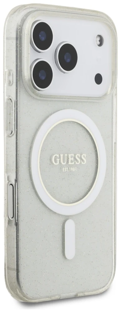 Guess IML Glitter Pearl Strap MagSafe dėklas Apple iPhone 17 Pro skaidrus