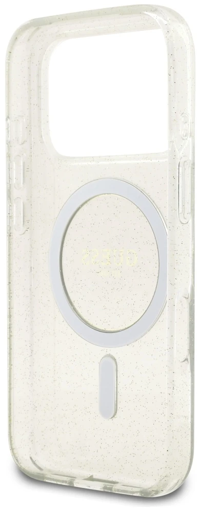 Guess IML Glitter Pearl Strap MagSafe dėklas Apple iPhone 17 Pro skaidrus