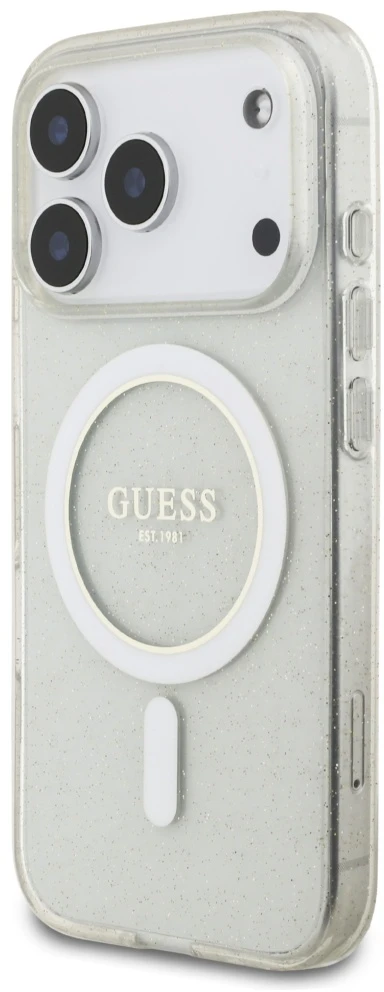 Guess IML Glitter Pearl Strap MagSafe dėklas Apple iPhone 17 Pro skaidrus