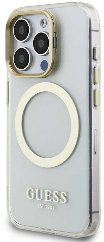 Guess IML Gold Outline Stand Camera Frame MagSafe dėklas skirtas Apple iPhone 15 Pro skaidrus