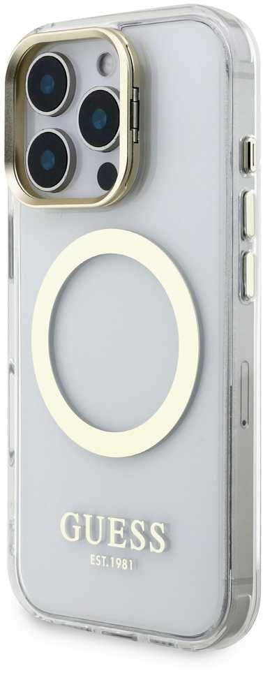 Guess IML Gold Outline Stand Camera Frame MagSafe dėklas skirtas Apple iPhone 16 Pro skaidrus