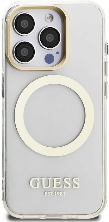 Guess IML Gold Outline Stand Camera Frame MagSafe dėklas skirtas Apple iPhone 15 Pro skaidrus