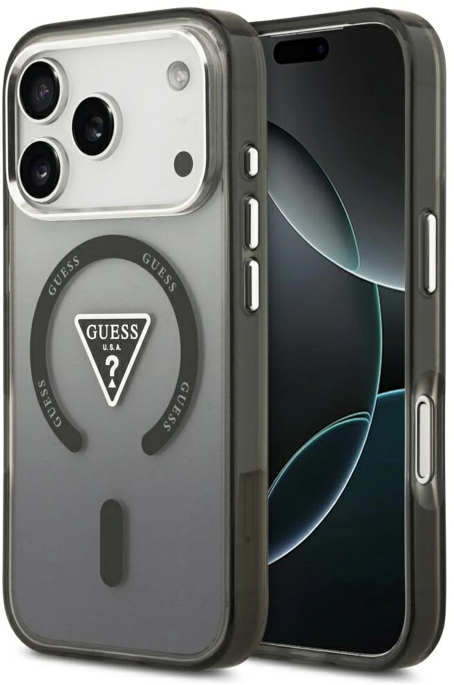 Guess IML Gradient Triangle Logo MagSafe dėklas, skirtas iPhone 18 Pro Max / iPhone 17 Pro Max – Juodas