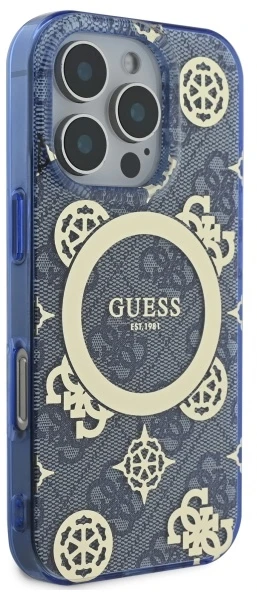 Guess GUHMP16LH4PYEEB iPhone 16 Pro 6,3" mėlynas kietas dėklas IML Peony On 4G Background MagSafe